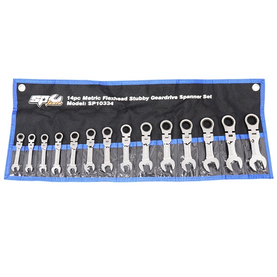 14pce Stubby Flexhead Geardrive Ring and Open End Spanner Set - Metric - SP Tools